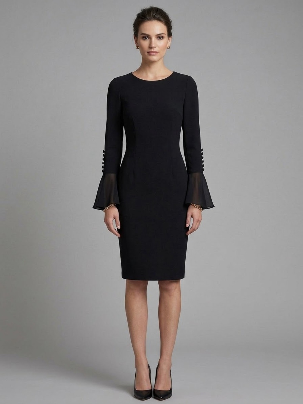 ⁠Calvin Klein Black Chiffon Bell Sleeve Sheath Dress Covered Buttons size 6